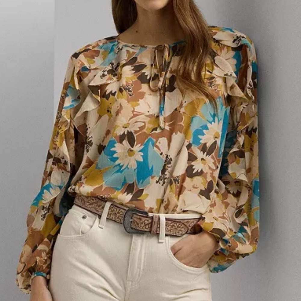 🆕 Lauren Ralph Lauren Floral Blouse Size Large Boho Sheer Multicolor Top Style